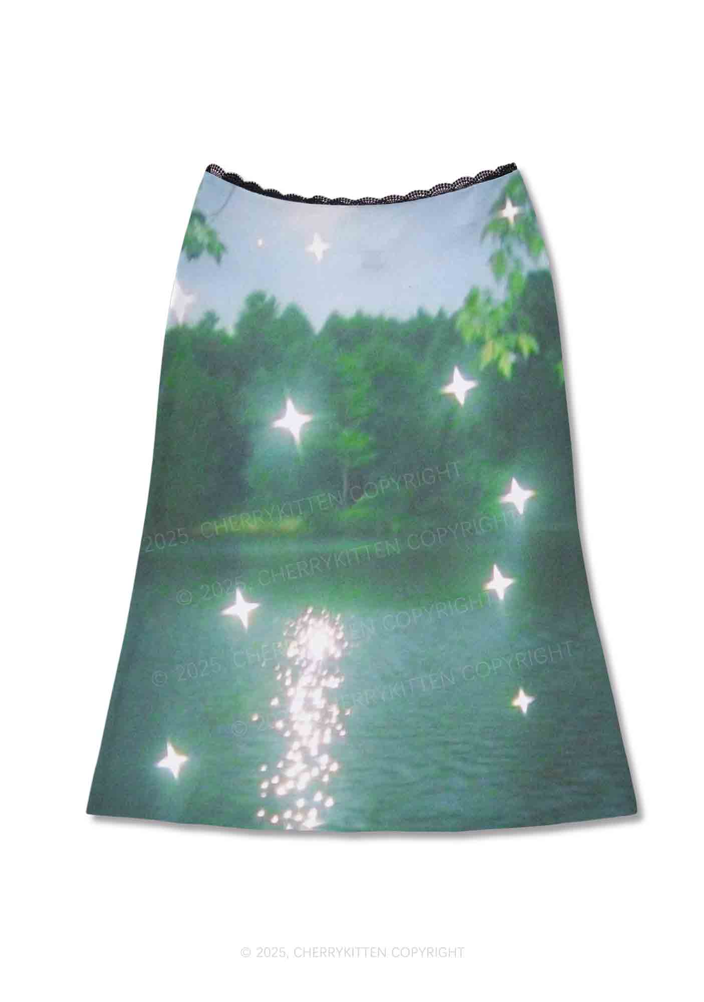 Forest Lake Y2K Print Midi Skirt Cherrykitten