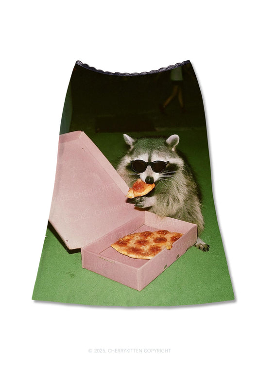 Shades Raccoon Pizza Y2K Print Midi Skirt Cherrykitten