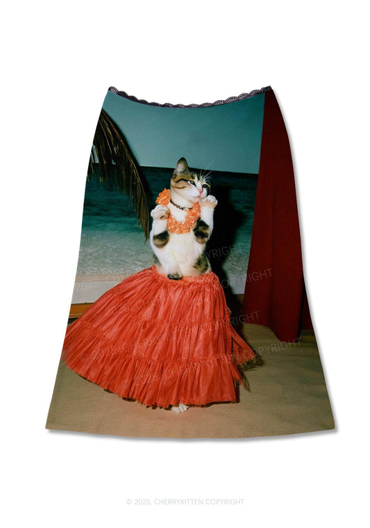 Dancing Cat Y2K Print Midi Skirt Cherrykitten