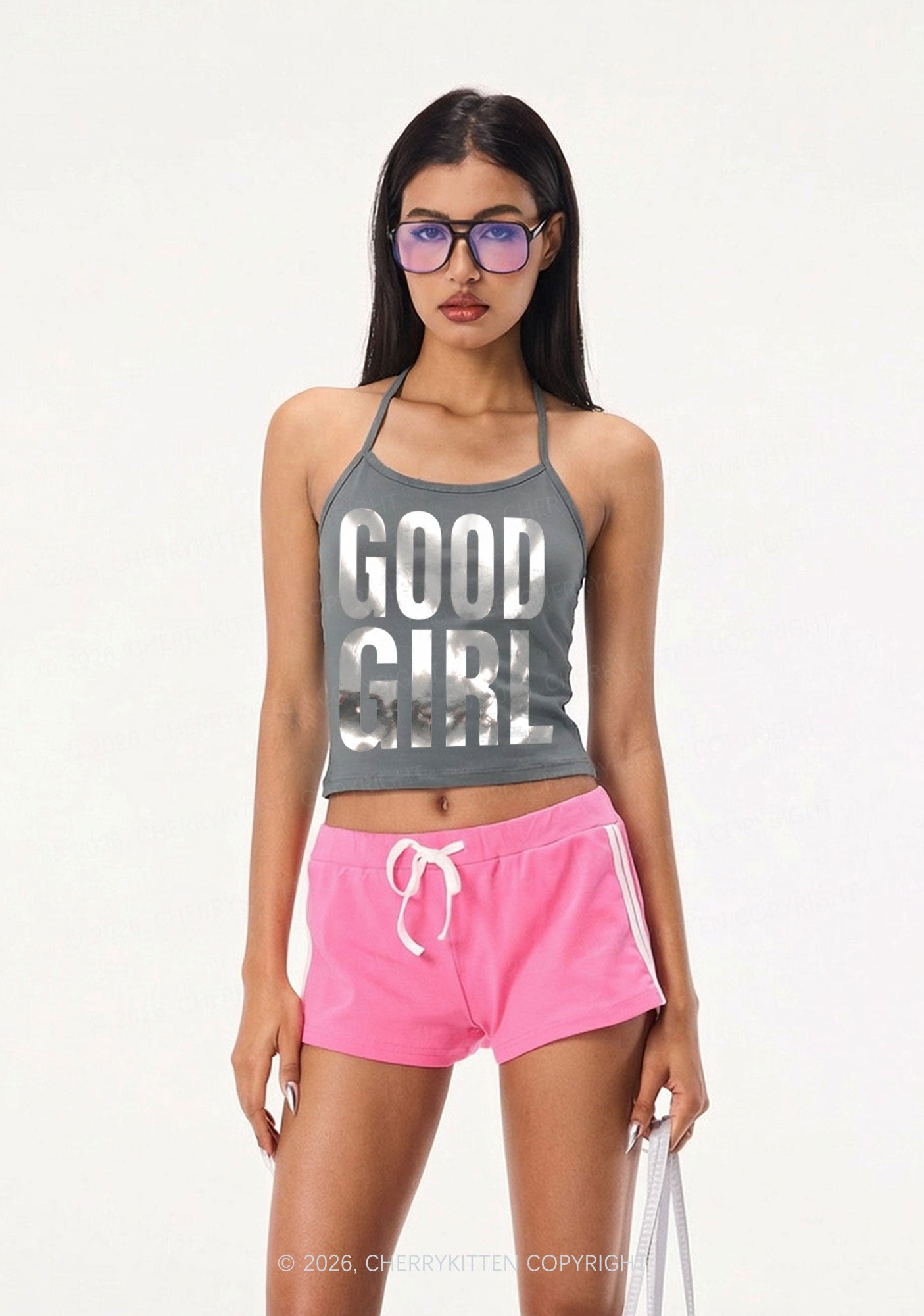 Good Girl Silver Foil Printed Y2K Halter Neck Cami Cherrykitten