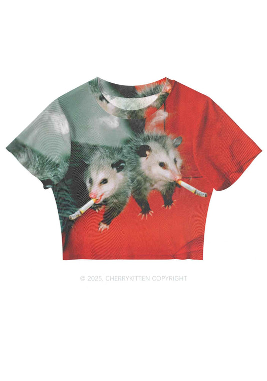 Smoking Badass Rats Y2K Mesh Crop Top Cherrykitten