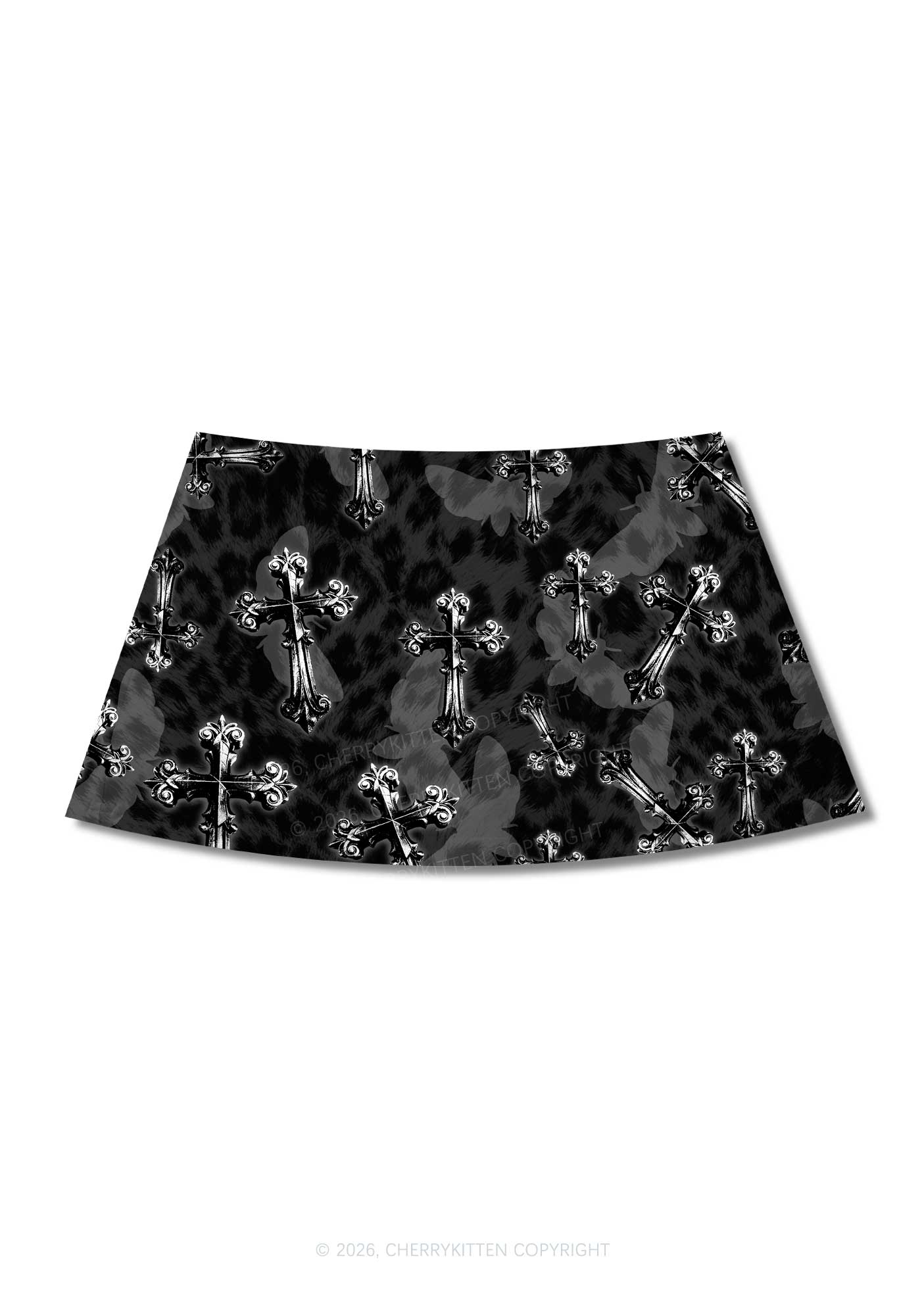 Halloween Gothic Cross Moth Leopard Y2K Print Mini Skirt Cherrykitten