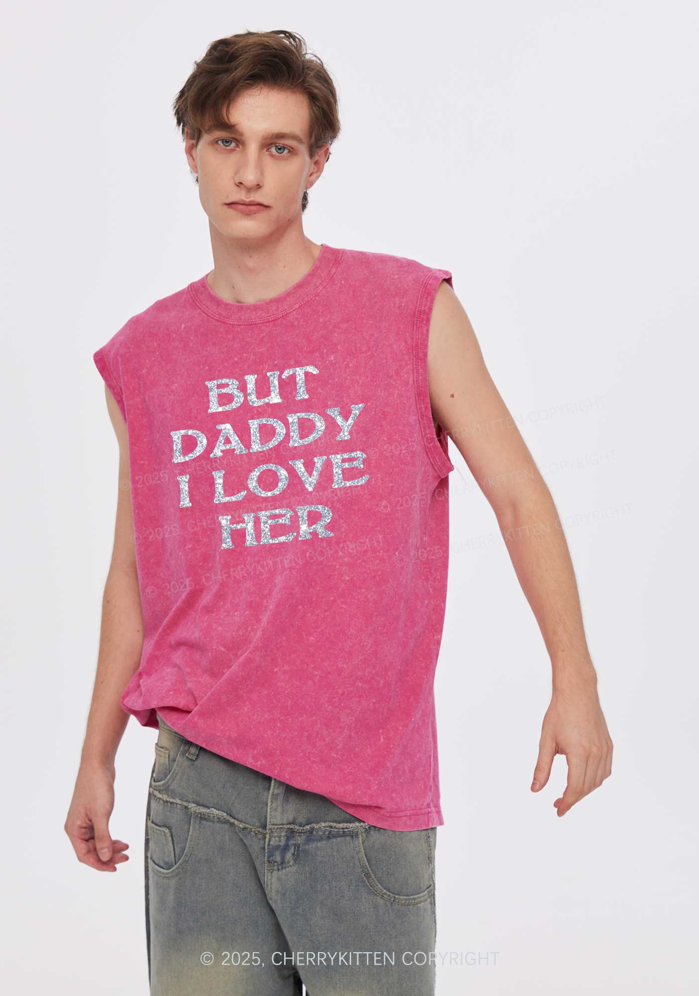 Glitter But Daddy I Love Her Y2K Washed Muscle Tank Cherrykitten