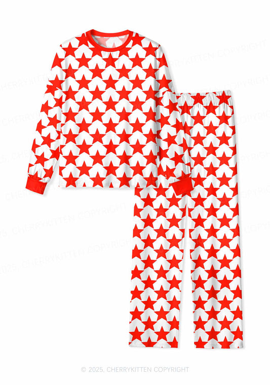 Hyper Red Stars Valentine's Day Y2K Print Long Sleeve Pajama Set Cherrykitten