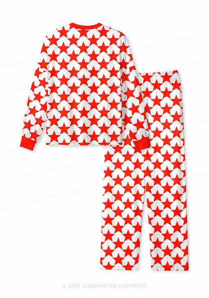 Hyper Red Stars Valentine's Day Y2K Print Long Sleeve Pajama Set Cherrykitten