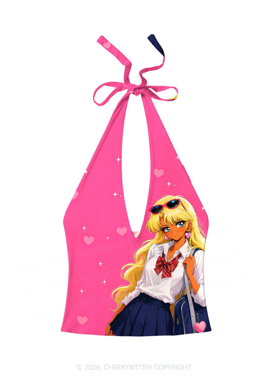 Anime Girl Y2K Print Halter Deep V Neck Cami Cherrykitten