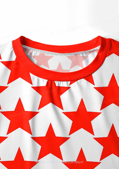 Hyper Red Stars Valentine's Day Y2K Print Long Sleeve Pajama Set Cherrykitten