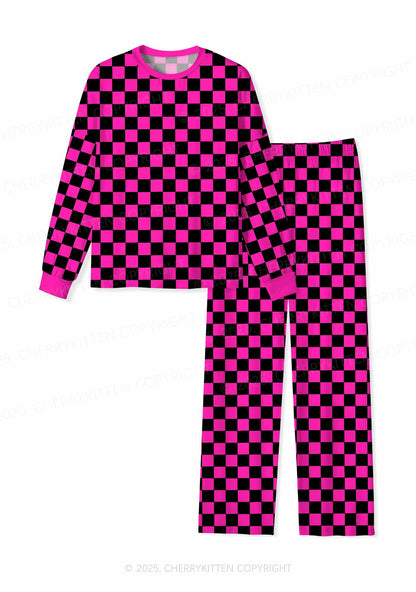 Black And Pink Check Valentine's Day Y2K Print Long Sleeve Pajama Set Cherrykitten
