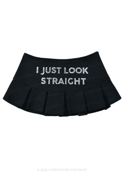 Rhinestone I Just Look Straight Pride Y2K Mini Pleated Skirts Cherrykitten