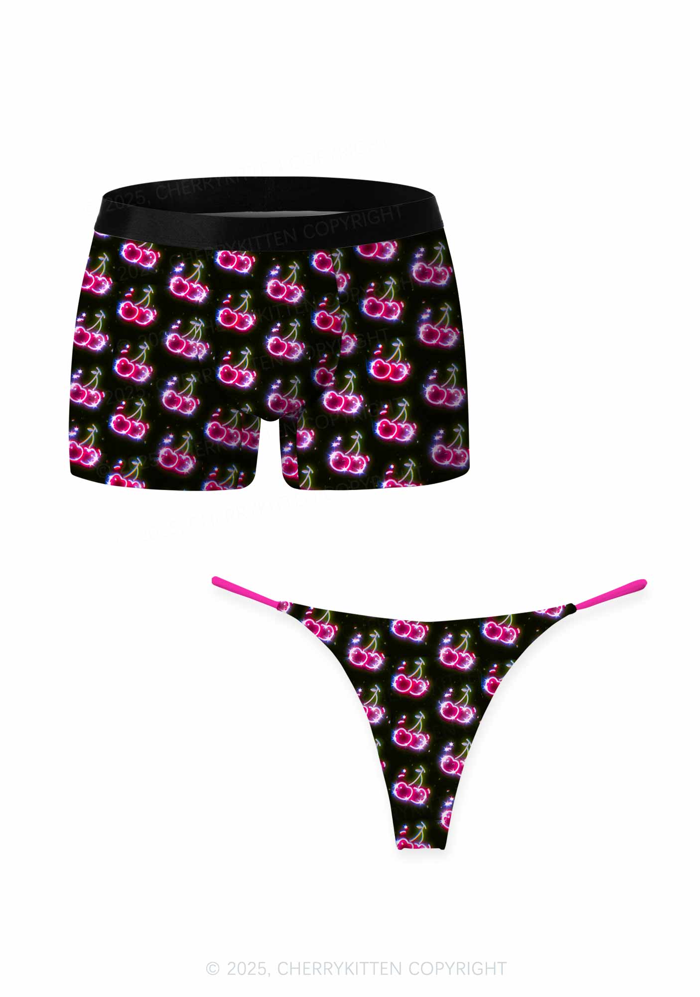 Glowing Cherry Dream Valentine's Day Y2K Print Couples Boxer Thong Set Cherrykitten
