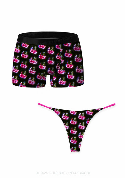Glowing Cherry Dream Valentine's Day Y2K Print Couples Boxer Thong Set Cherrykitten