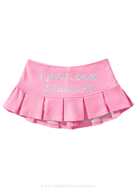Rhinestone I Just Look Straight Pride Y2K Mini Pleated Skirts Cherrykitten