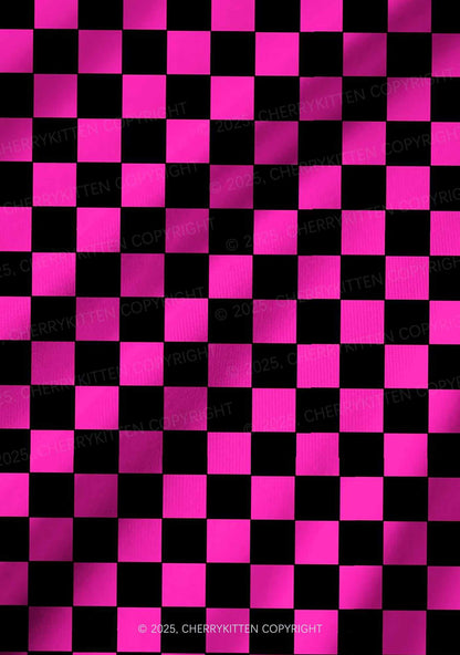 Black And Pink Check Valentine's Day Y2K Print Long Sleeve Pajama Set Cherrykitten