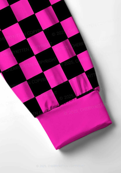Black And Pink Check Valentine's Day Y2K Print Long Sleeve Pajama Set Cherrykitten
