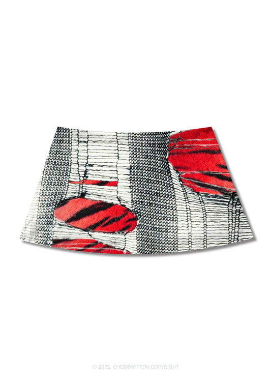 Tiger Striped Red Block Y2K Print Mini Skirt Cherrykitten