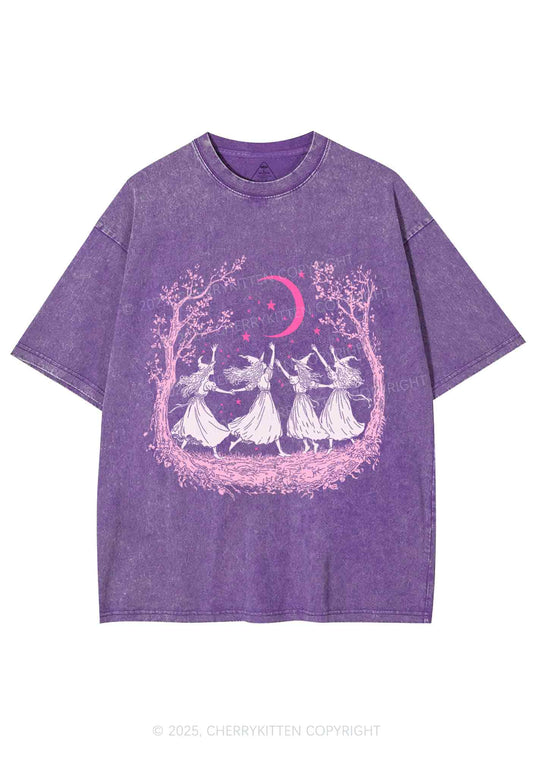 Halloween Witches Dancing Under Moon Y2K Shirts Washed Tee Cherrykitten