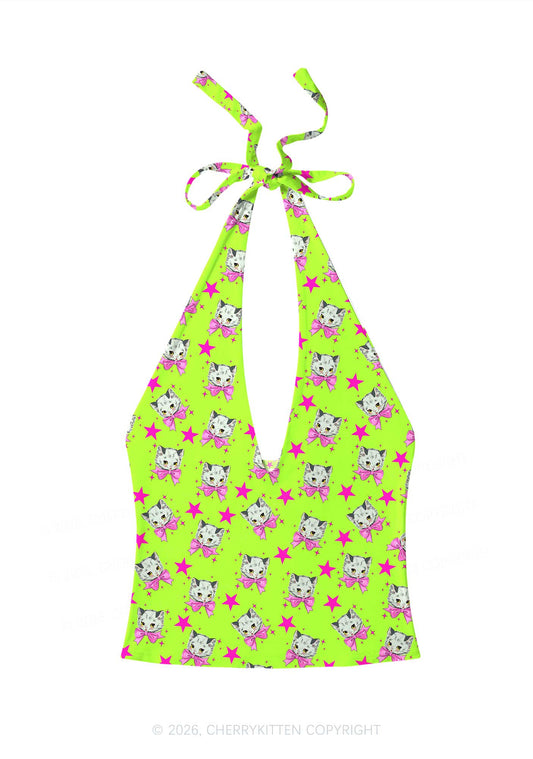 Pink Bow Cats Star Y2K Print Halter Deep V Neck Cami Cherrykitten