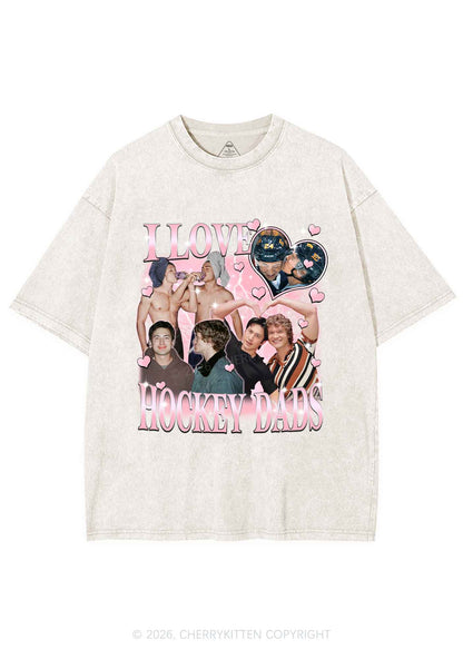 Pink Heart I Love Hockey Dads HR Y2K Shirts Washed Tee Cherrykitten