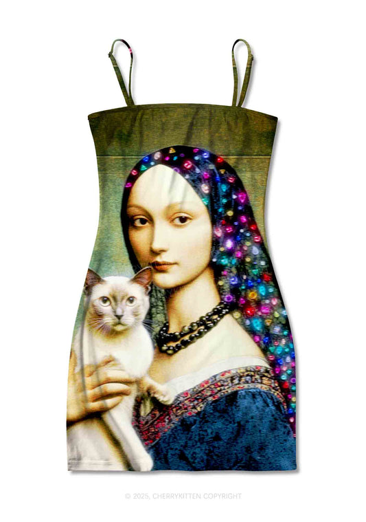 Renaissance Lady With Cat Y2K Print Slip Dress Cherrykitten