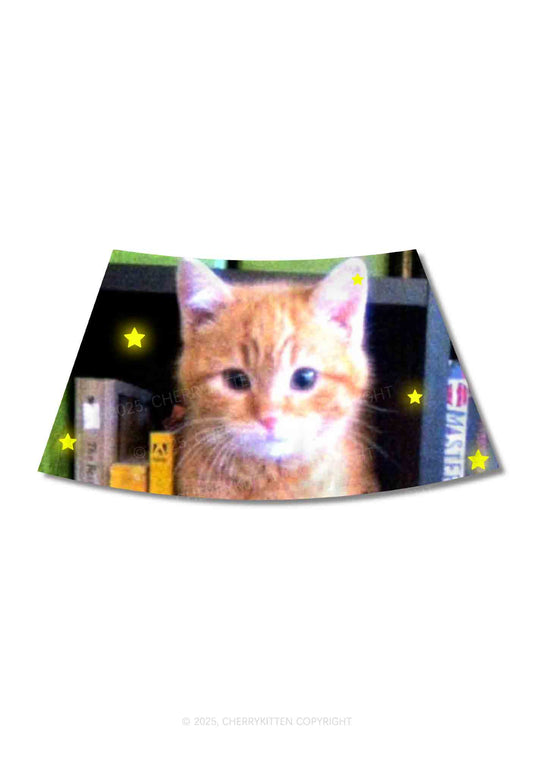 Feline Bookworm Y2K Print Mini Skirt Cherrykitten