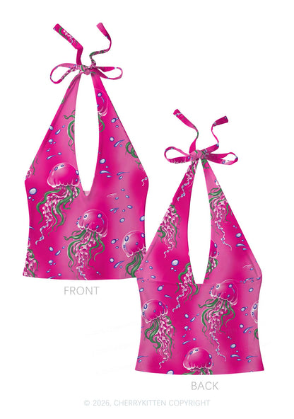 Hot Pink Jellyfish Bubble Y2K Print Halter Deep V Neck Cami Cherrykitten