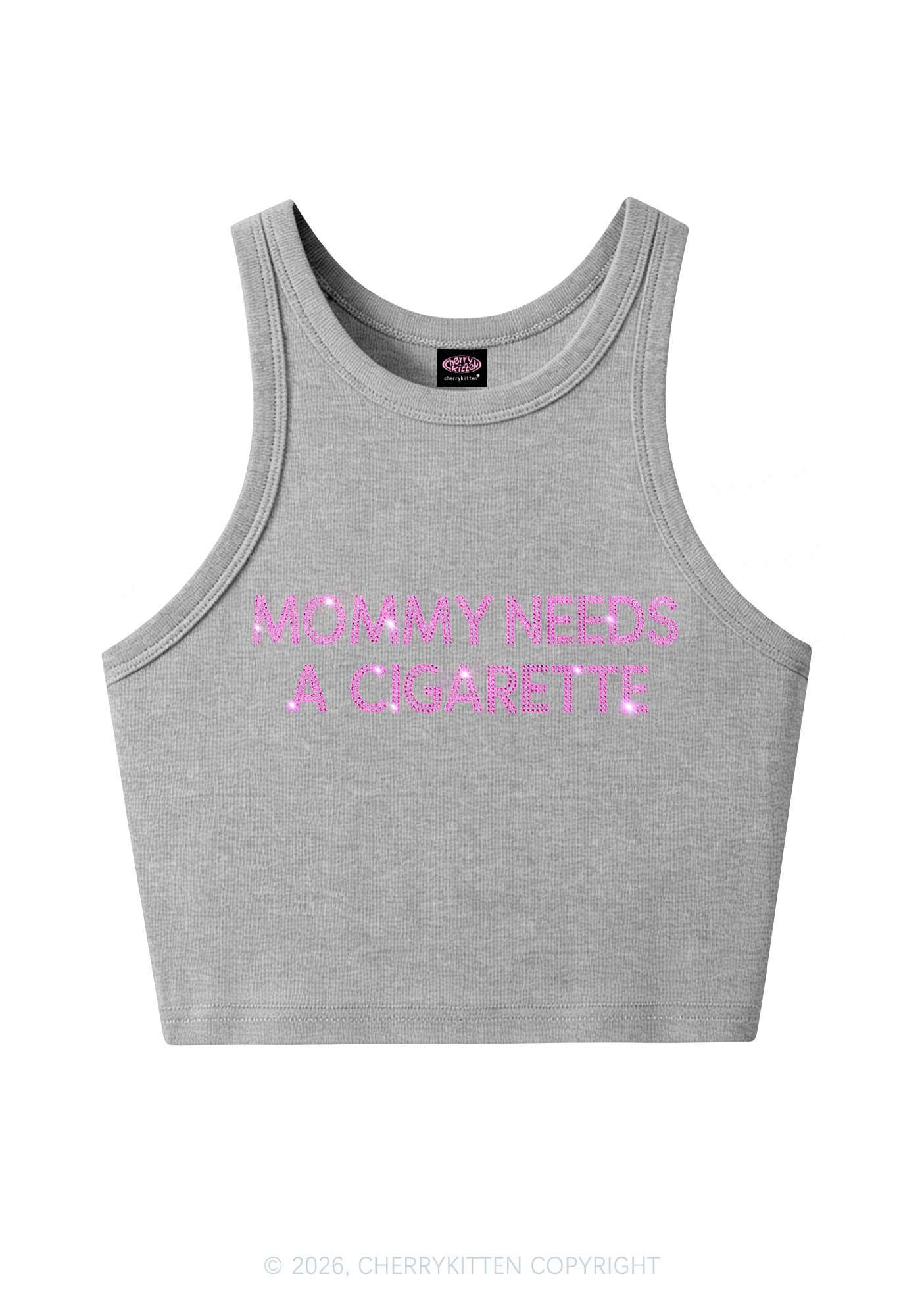 Rhinestone Mommy Needs Cigarette Y2K Crop Tank Top Cherrykitten