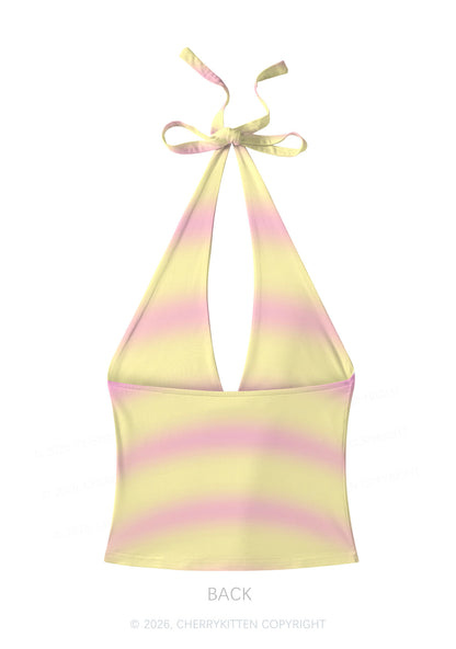 Pink Yellow Gradient Princess Y2K Print Halter Deep V Neck Cami Cherrykitten