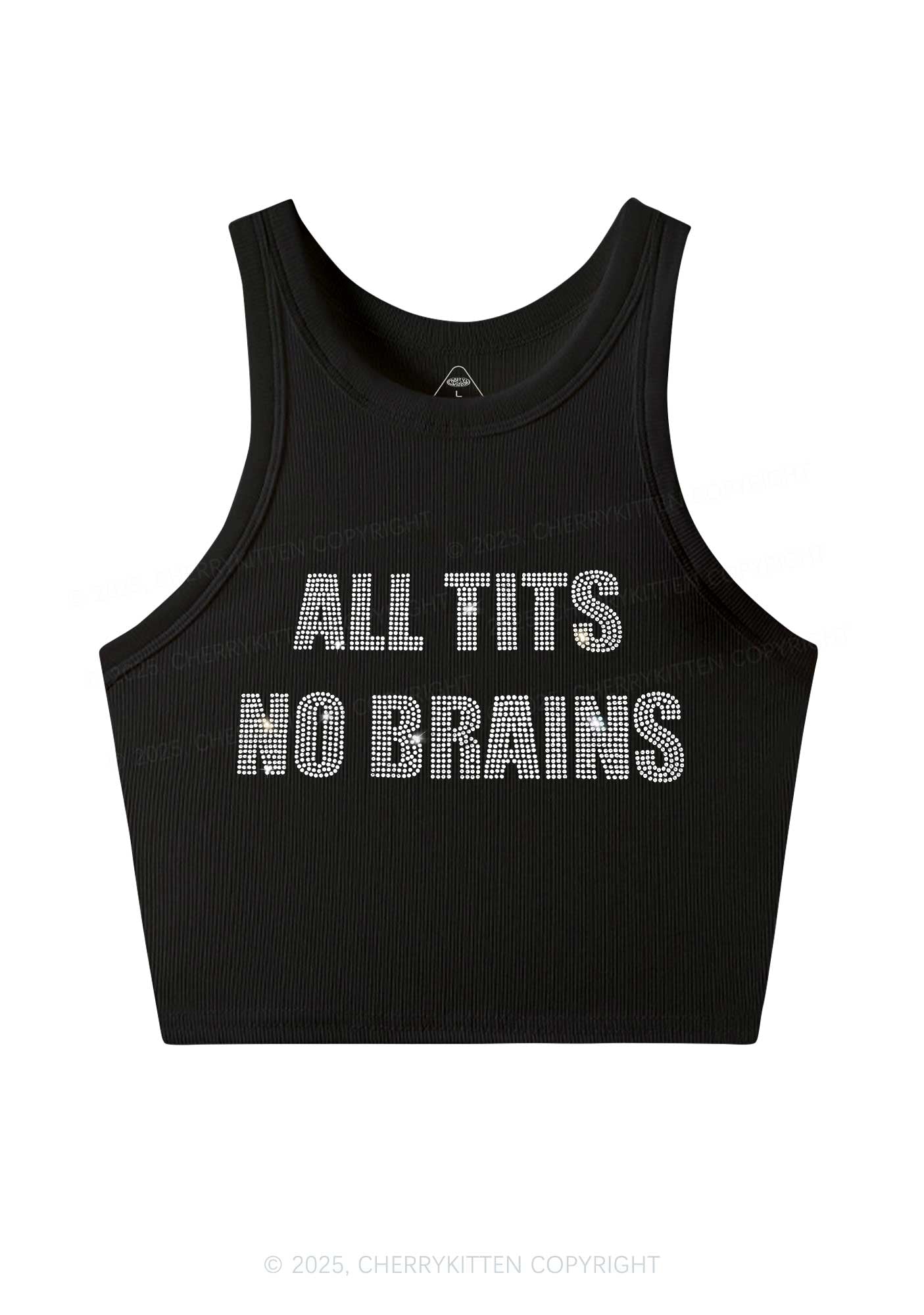 Rhinestone All Txts No Brains Y2K Crop Tank Top Cherrykitten