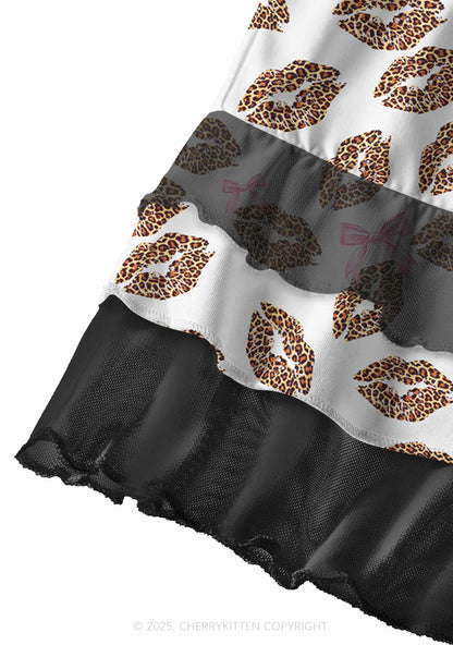 Leopard Lip Print Valentine's Day Y2K Print Mini Layered Skirt Cherrykitten