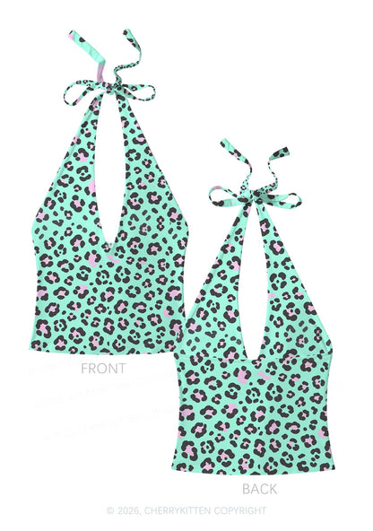 Mint Green Leopard Y2K Print Halter Deep V Neck Cami Cherrykitten