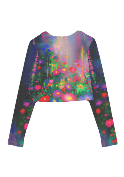 Colorful Daisies Y2K Mesh Long Sleeve Crop Top Cherrykitten