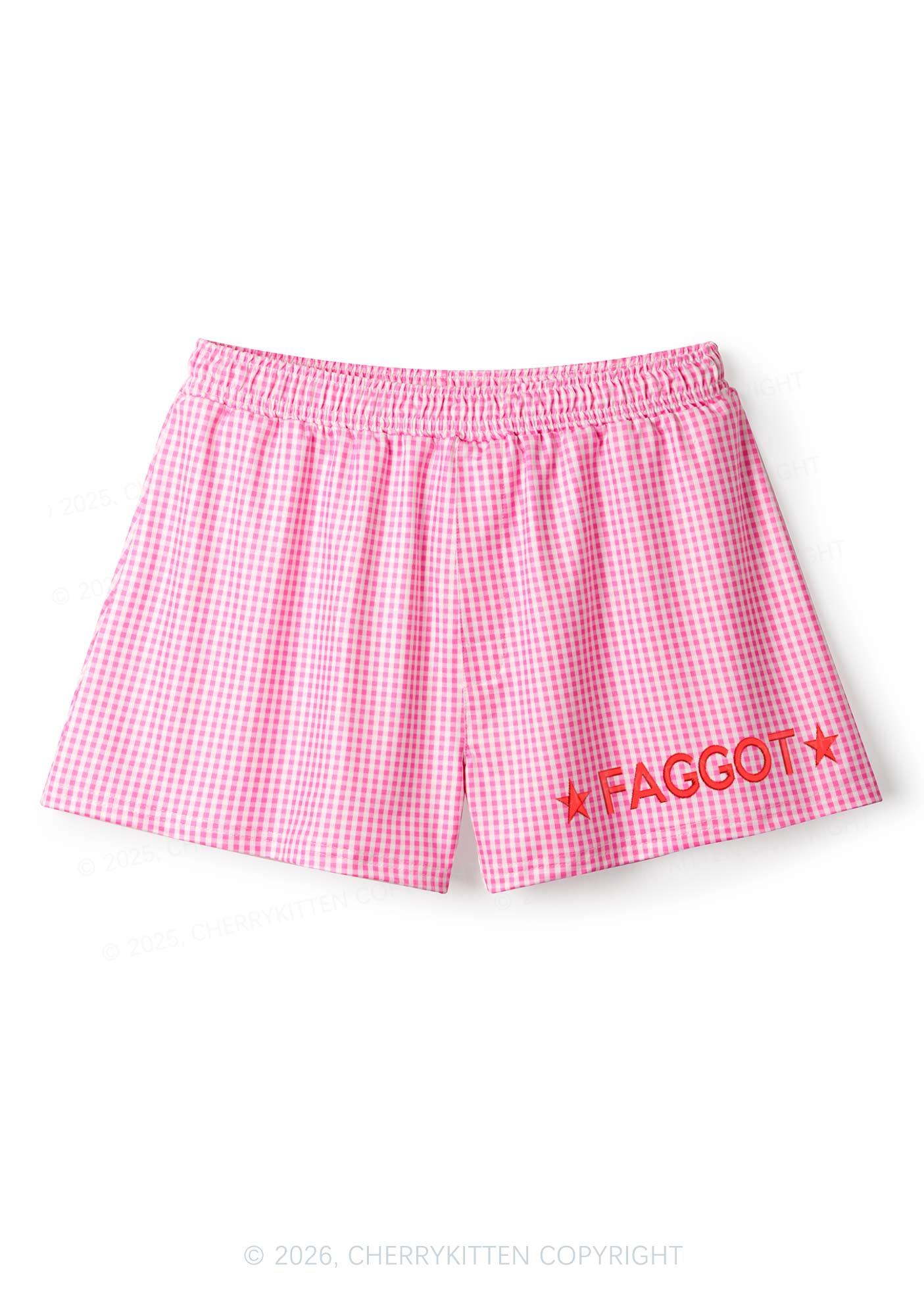 Embroidered Faggot Star Pride Y2K Pink Gingham Boxer Men Shorts Cherrykitten
