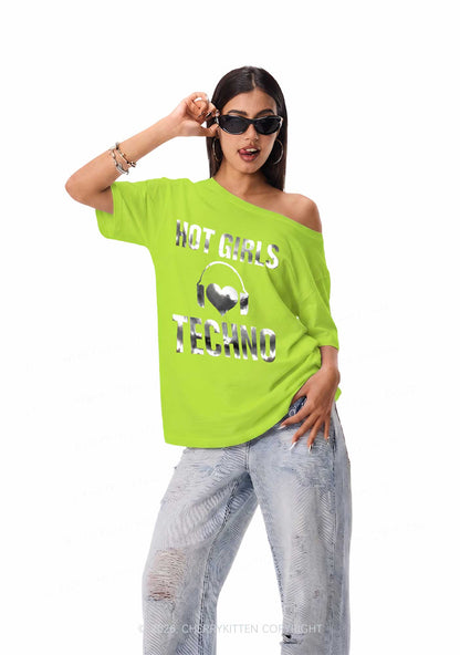 Hot Girls Love Techno Silver Foil Printed Y2K Off Shoulder Tee Cherrykitten
