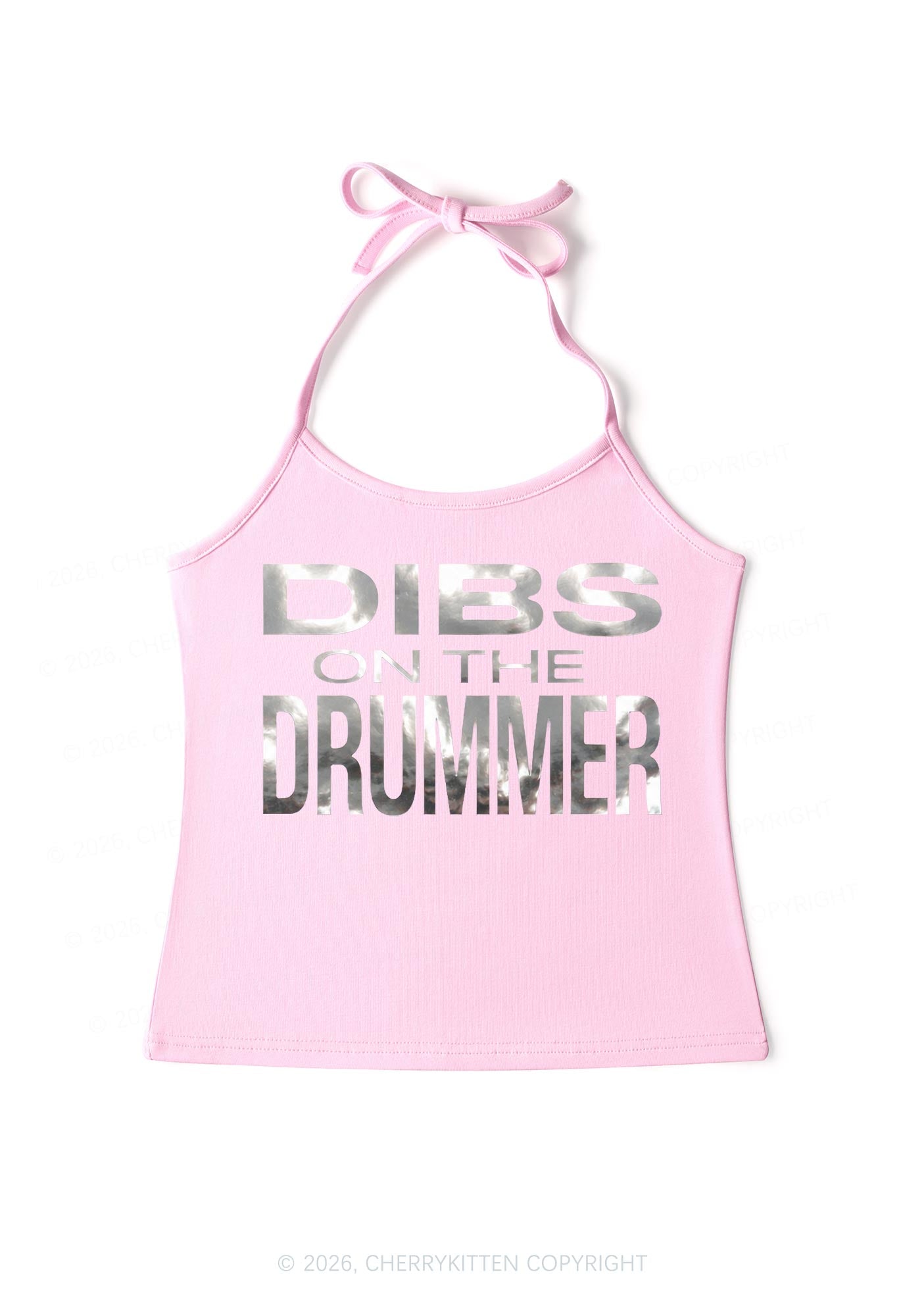 Dibs On The Drummer Silver Foil Printed Y2K Halter Neck Cami Cherrykitten
