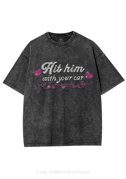 Rhinestone Hit Him Y2K Shirts Washed Tee Cherrykitten
