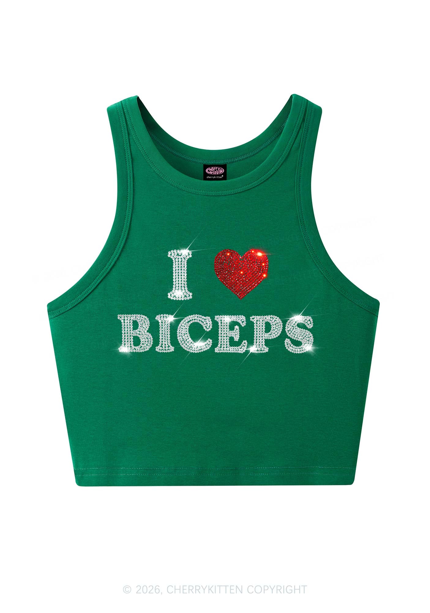 Cherrykitten Rhinestone I Love Biceps Y2K Crop Tank Top