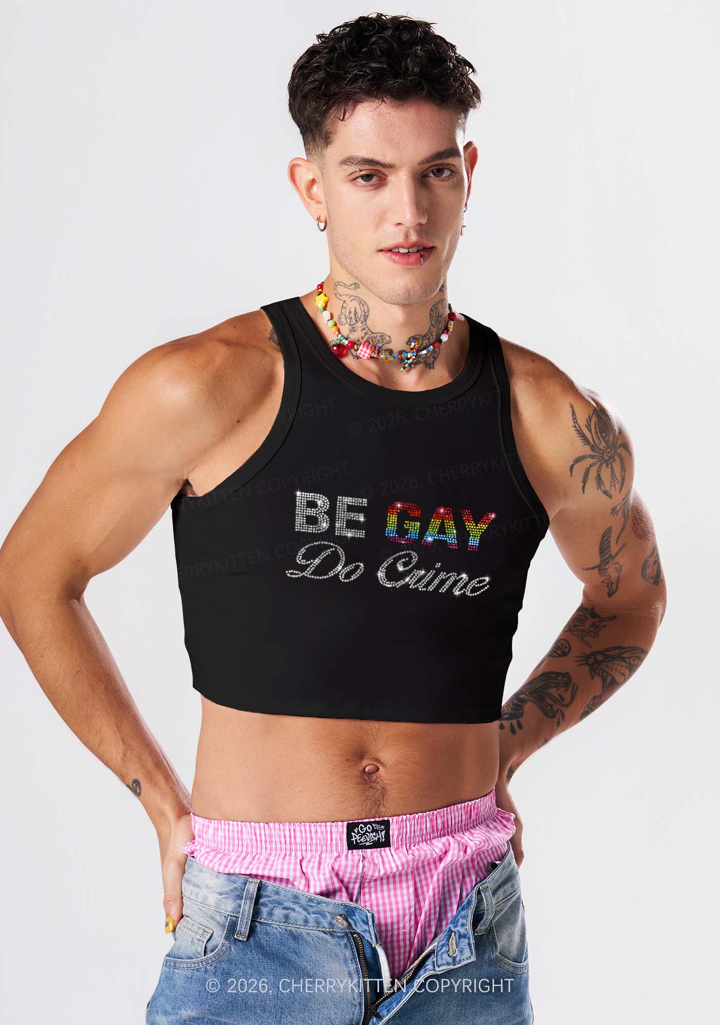 Rhinestone Be Gay Do Crime Pride Y2K Crop Tank Top Cherrykitten