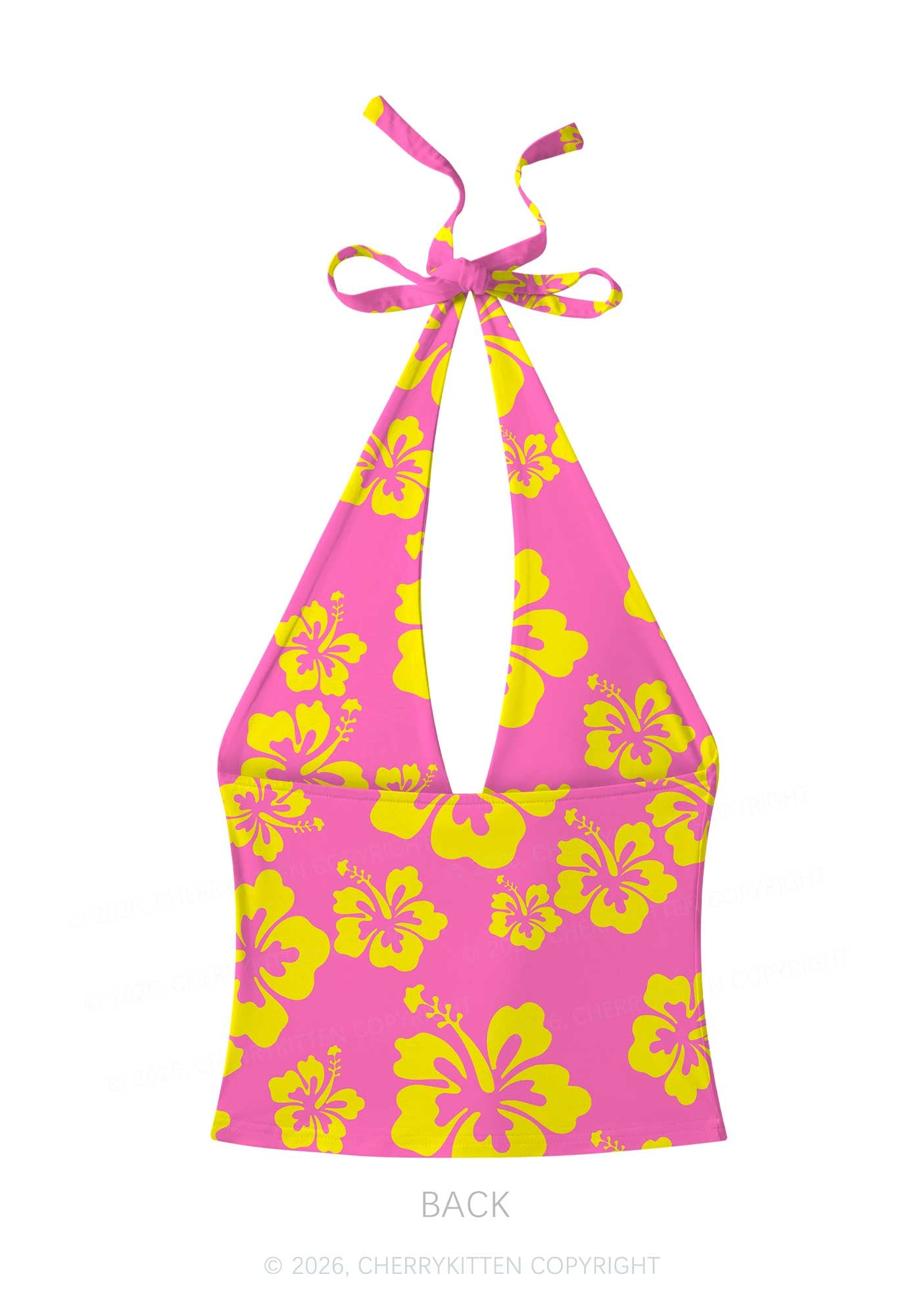 Yellow Floral On Pink Y2K Print Halter Deep V Neck Cami Cherrykitten