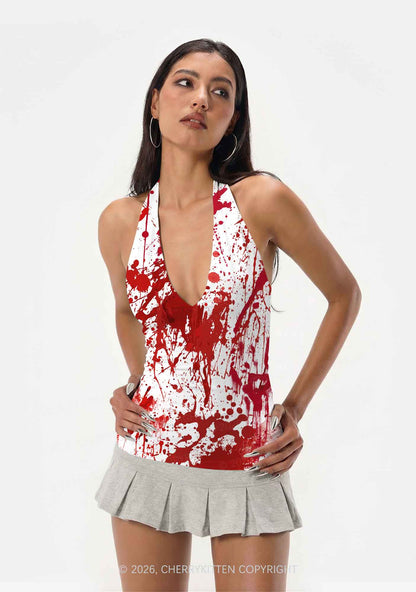 Halloween Red Blood On White Y2K Print Halter Deep V Neck Cami Cherrykitten