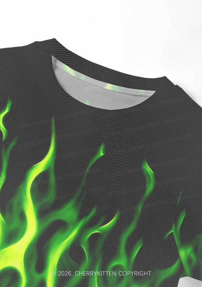 Neon Green Flame Y2K Mesh Crop Top Cherrykitten