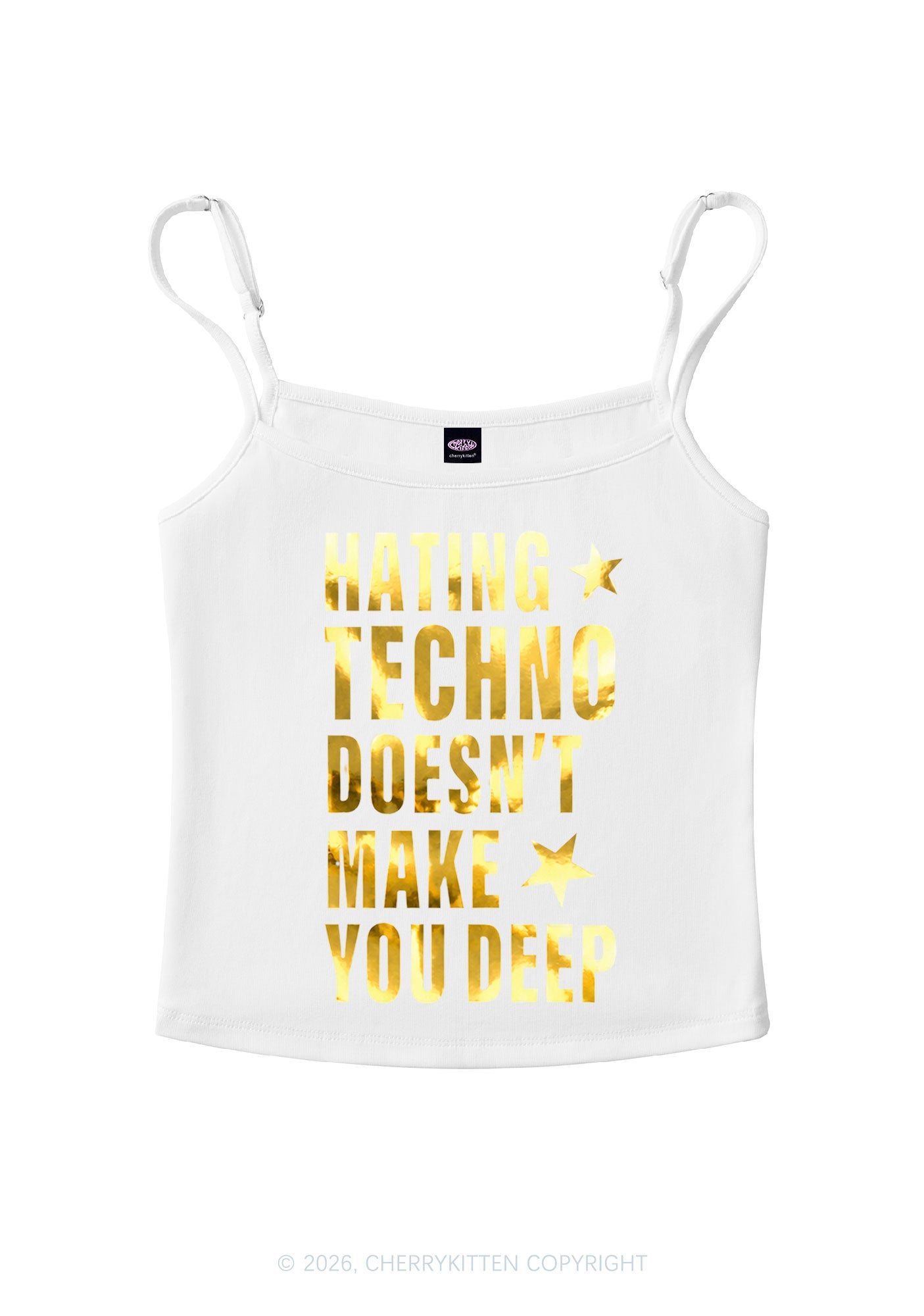 Hating Techno Silver Foil Printed Y2K Spaghetti Strap Cami Cherrykitten