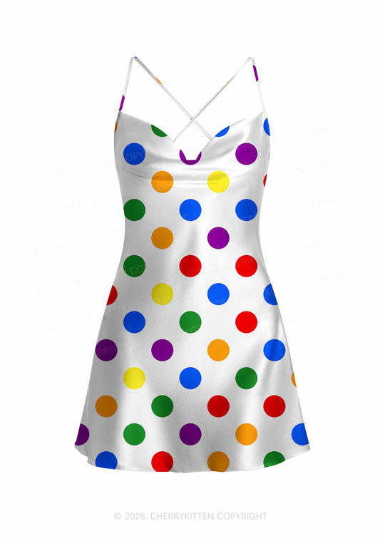 Rainbow Dots On White Pride Y2K Print Satin Cowl Neck Slip Dress Cherrykitten