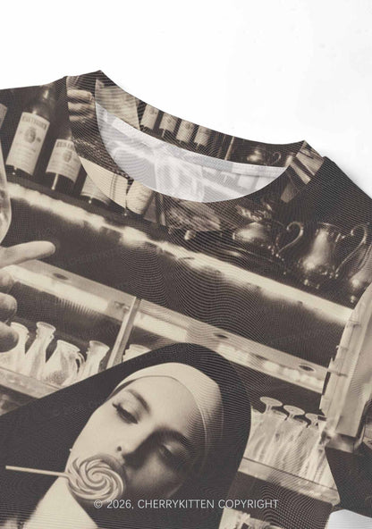 Nun Bartender Y2K Mesh Crop Top Cherrykitten