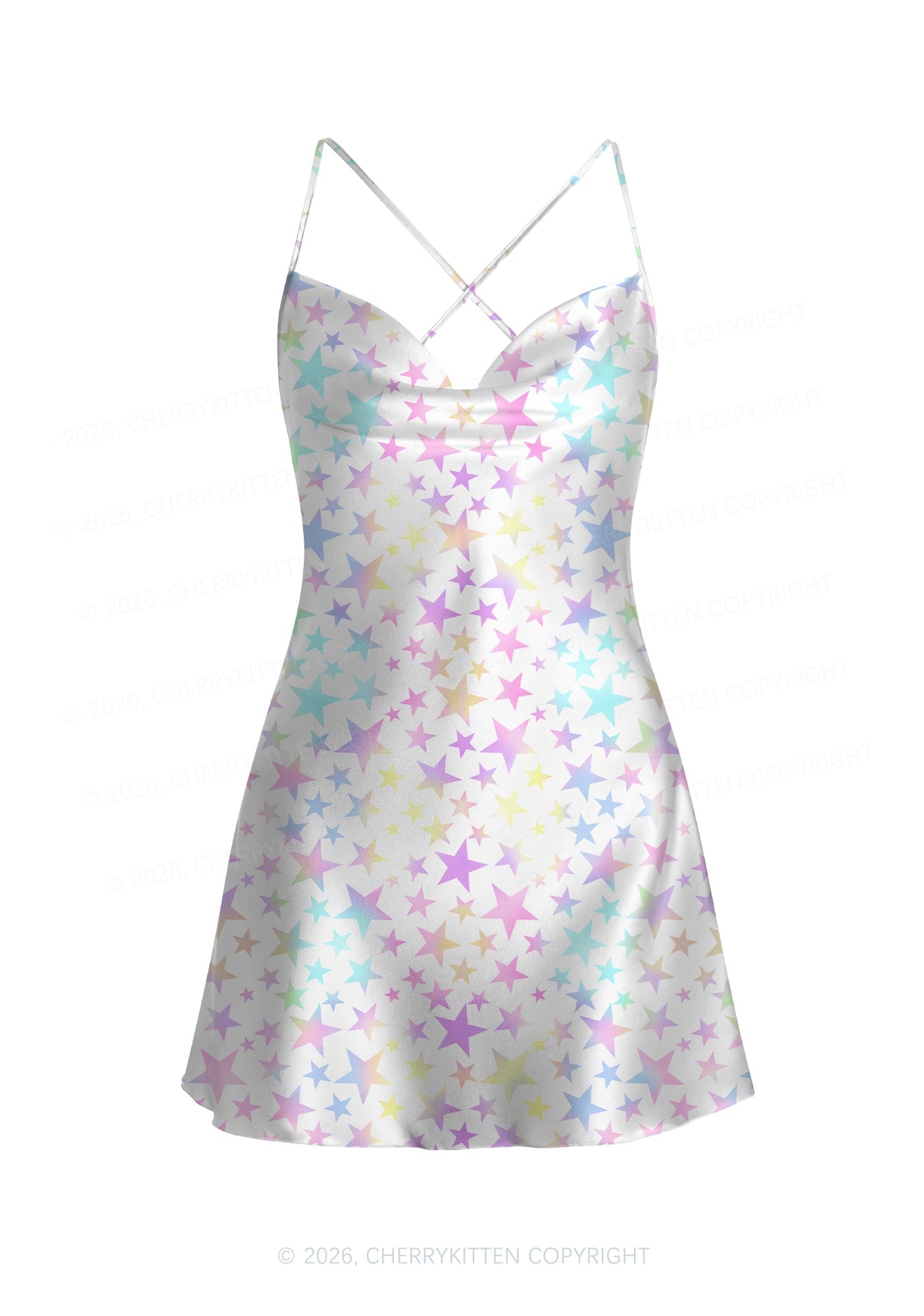 Rainbow Star On White Y2K Print Satin Cowl Neck Slip Dress Cherrykitten