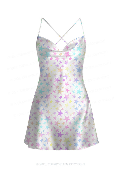 Rainbow Star On White Y2K Print Satin Cowl Neck Slip Dress Cherrykitten
