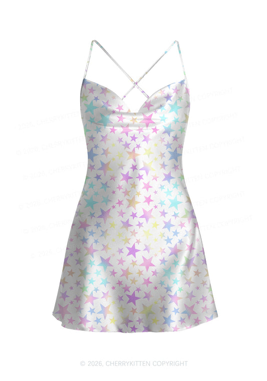 Rainbow Star On White Y2K Print Satin Cowl Neck Slip Dress Cherrykitten