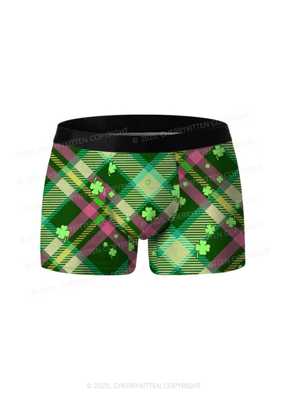 Four Leaf Clover Plaid St Patricks Y2K Print Men Boxer Briefs Cherrykitten