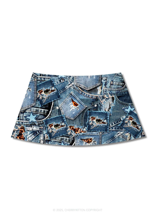 Denim Patchwork Y2K Print Mini Skirt Cherrykitten
