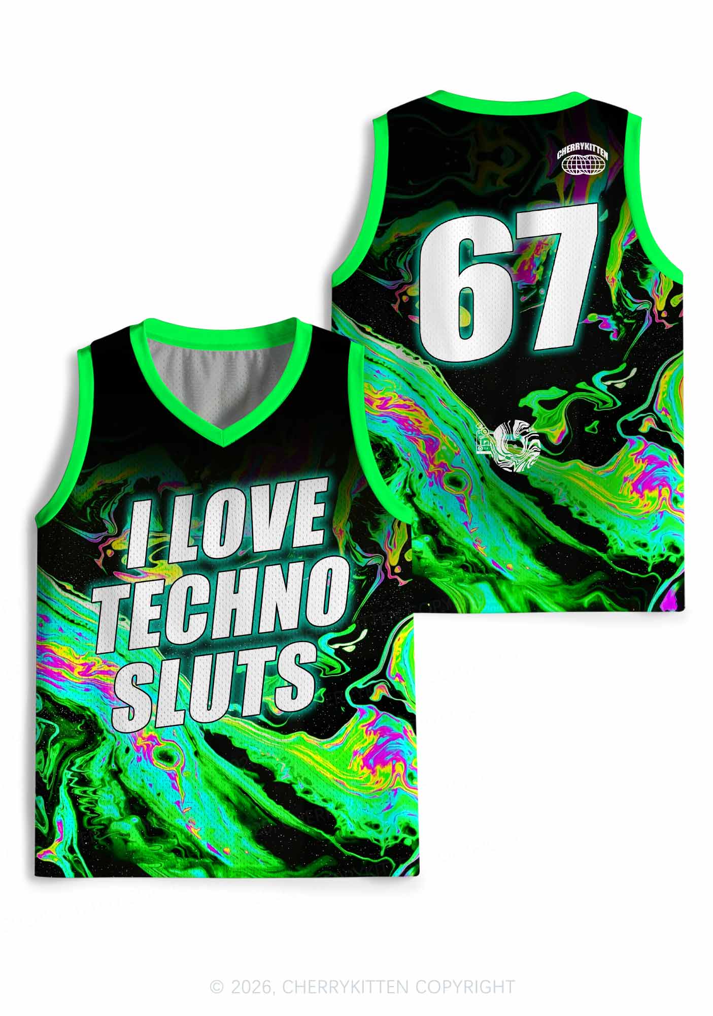 Green Liquid Swirl I Love Techno Slxts Y2K Sport Jersey Tank Cherrykitten