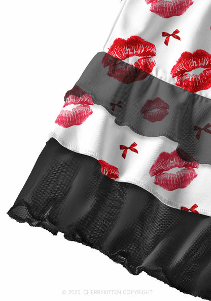Red Lips Bows Valentine's Day Y2K Print Mini Layered Skirt Cherrykitten